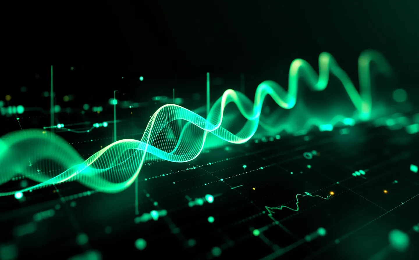 Abstract pine-green illustration of a five-node peptide chain over an analytics grid with a single decaying pulse curve on a near-black field